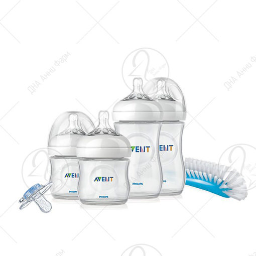 AVENT Сет за новороденче Натурал НОВ 4 шишиња, 1 четка за чистење, 1 цуцла,
