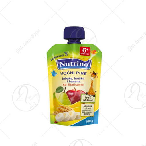 NUTRINO Овошно пире - Пауч јаболко, круша, банана и житарки 100гр