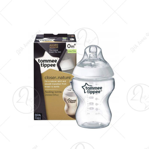 Tommee Tippee Шише 260 мл (1 шише во пакување со цуцла 0+ м)
